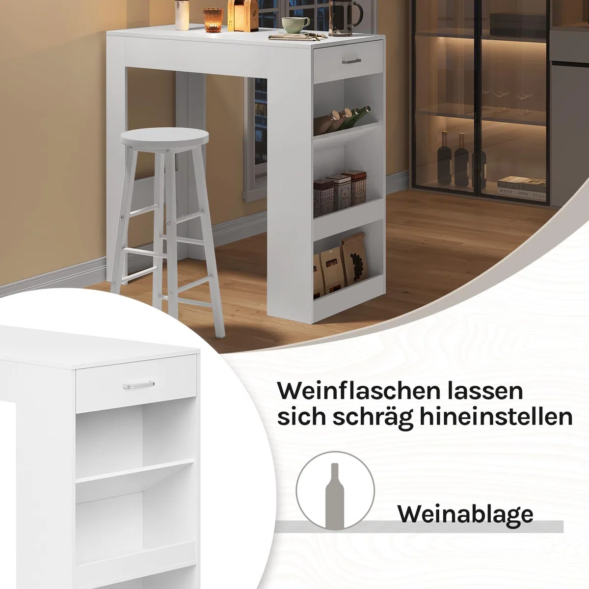 WOLTU Bartisch, Stehtisch mit 1 Schublade & 3 Ablagen, Küchentisch mit Weinregal, Bistrotisch für Bar Küche Wohnzimmer Esszimmer (Mit Brett, Weiß, 100 x 50 x 100 cm)