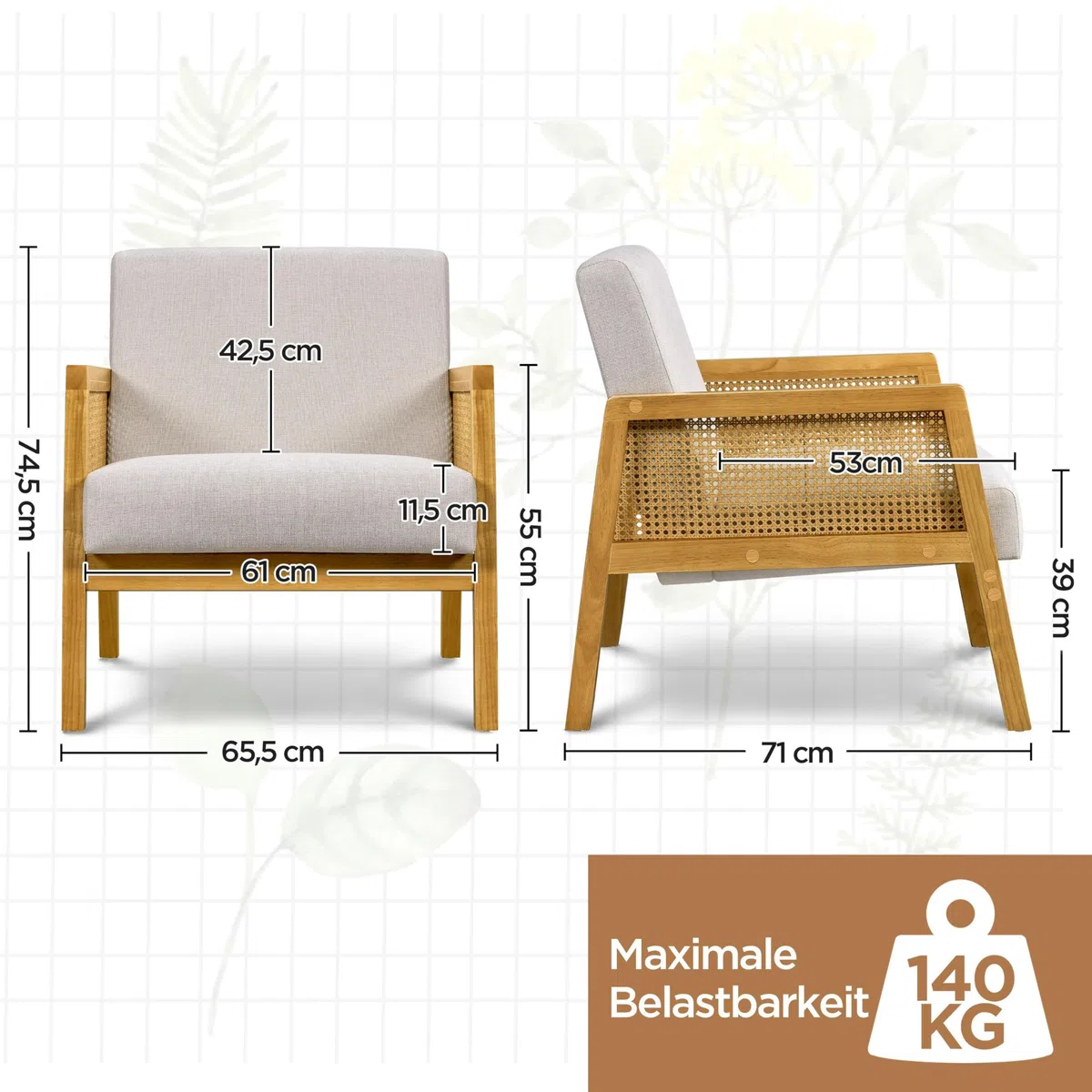 Yaheetech Armlehnensessel Loungesessel mit Polsterung bequemer Polstersessel mit Armlehnen aus Rattan Einzelsofa für Wohnzimmer/Empfangsraum/Leseecke