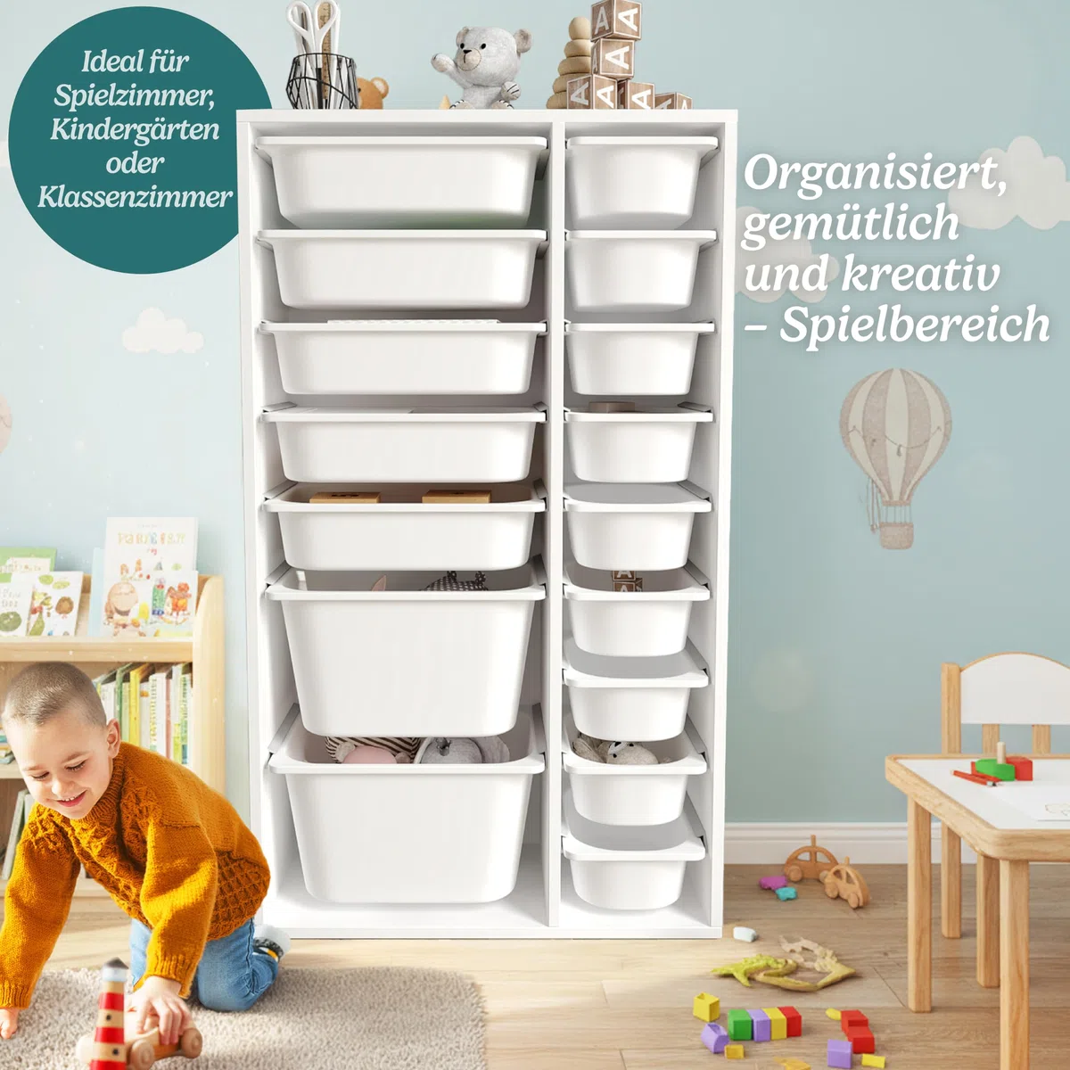 LEOKIDS Spielzeugaufbewahrung mit 16 Boxen – Kinderregal Spielzeugschrank Organizer Weiß MDF