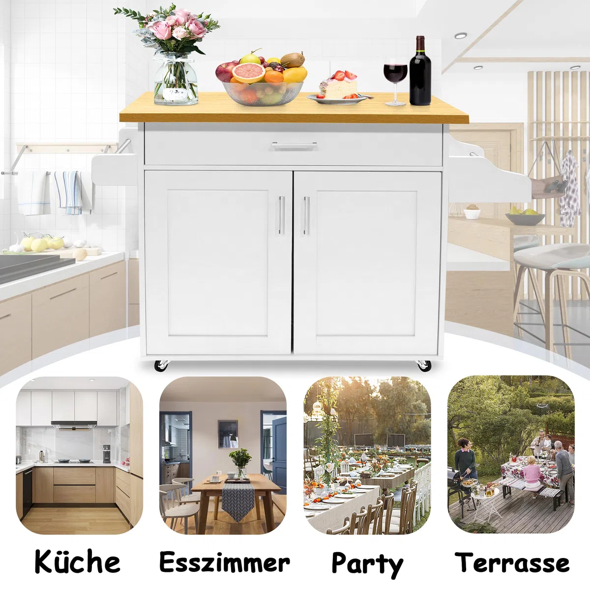 NAIZY Küchenschrank Küchenwagen mit Arbeitsplatte & Rollen & Schubladen Küchenwagen Abschließbar Servierwagen, 115x36x90cm (Weiß)