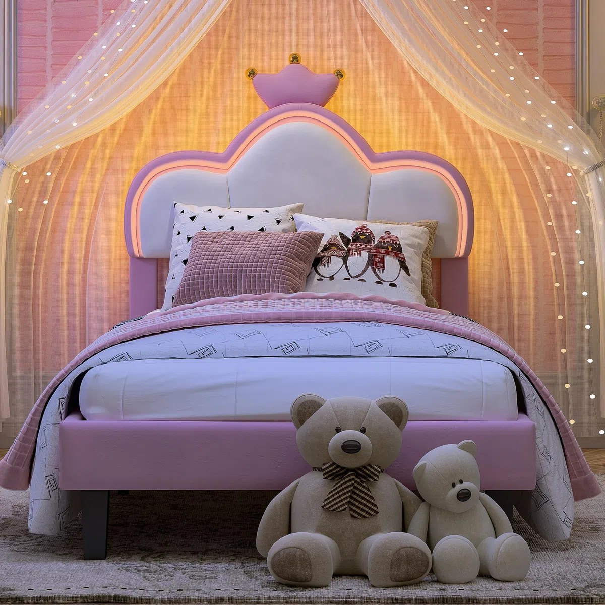 Polsterbett Einzelbett 90x200 cm Kinderbett mit LED Beleuchtung App-Steuerung Krone-Design Samt Rosa Weiß
