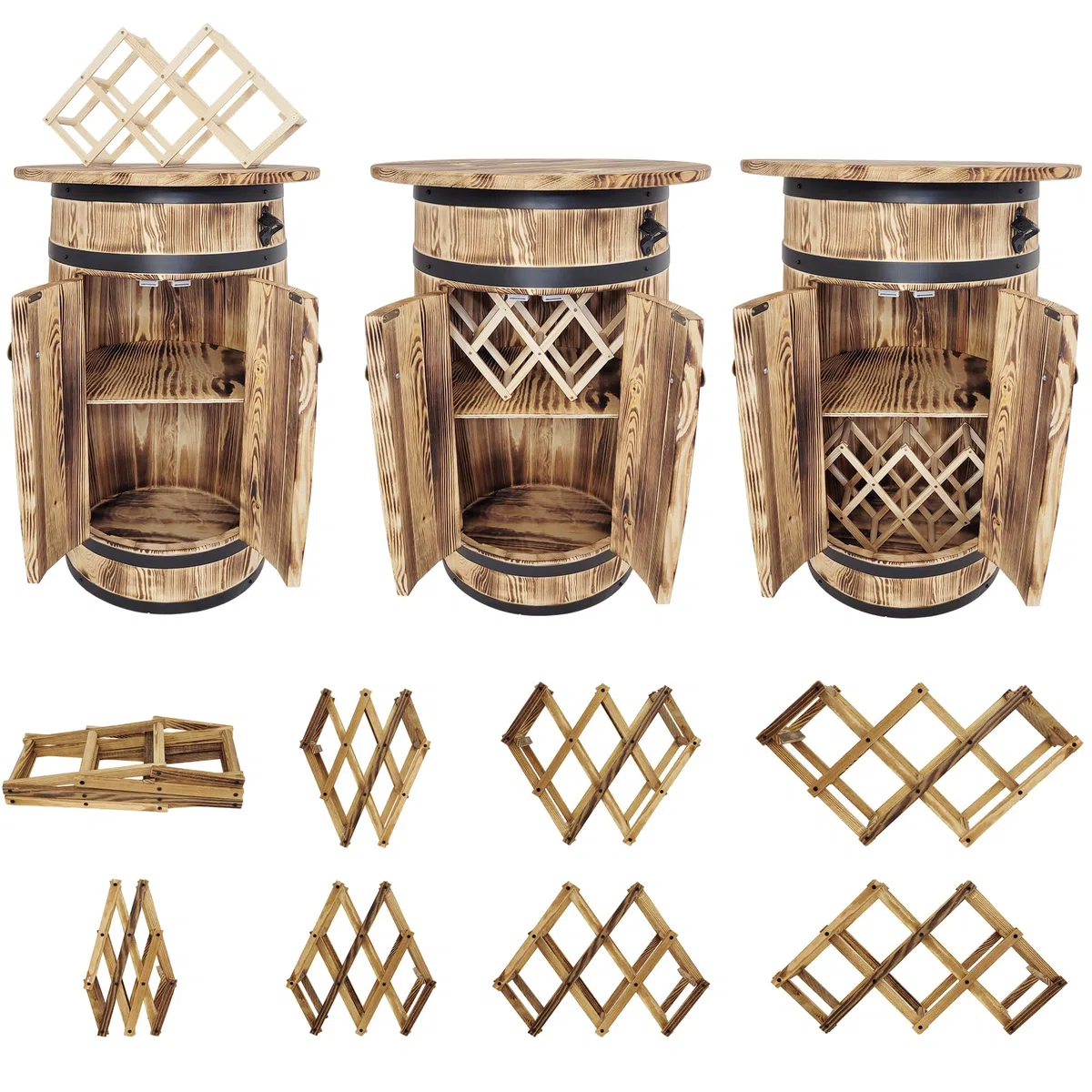 weeco Fassförmiger Schrank aus Kiefernholz mit Ablagefläche und Regal für 30–40 Flaschen – Rustikales Barregal mit Flaschenöffner und klappbarem Flaschenhalter, 80x55x44 cm, braun