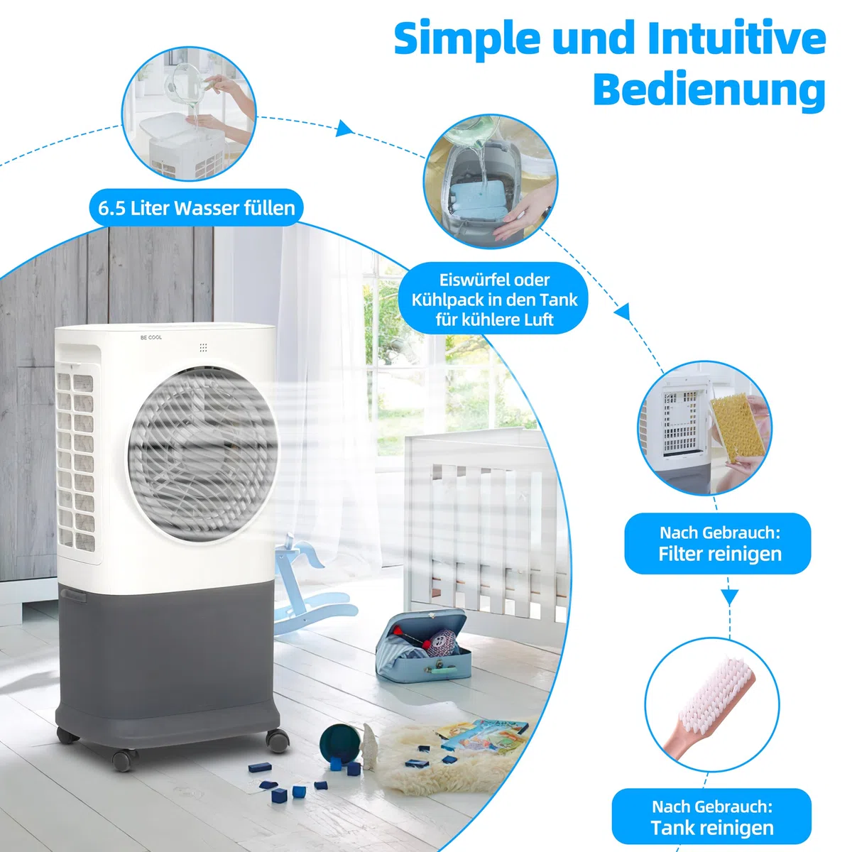 BE COOL Premium Luftkühler BC6ACP2501W mit WiFi, 6,5L Wassertank, 340 m³/h Luftleistung, Timer, Fernbedienung, LED-Display, 3 Modi, mobil, leise (≤50dB)