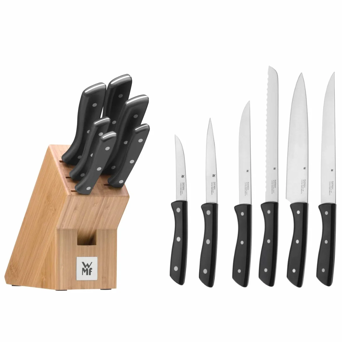WMF Messerblock mit Messerset 7-teilig, Küchenmesser Set mit Messerhalter, 6 scharfe Messer, Bambus-Block, Spezialklingenstahl