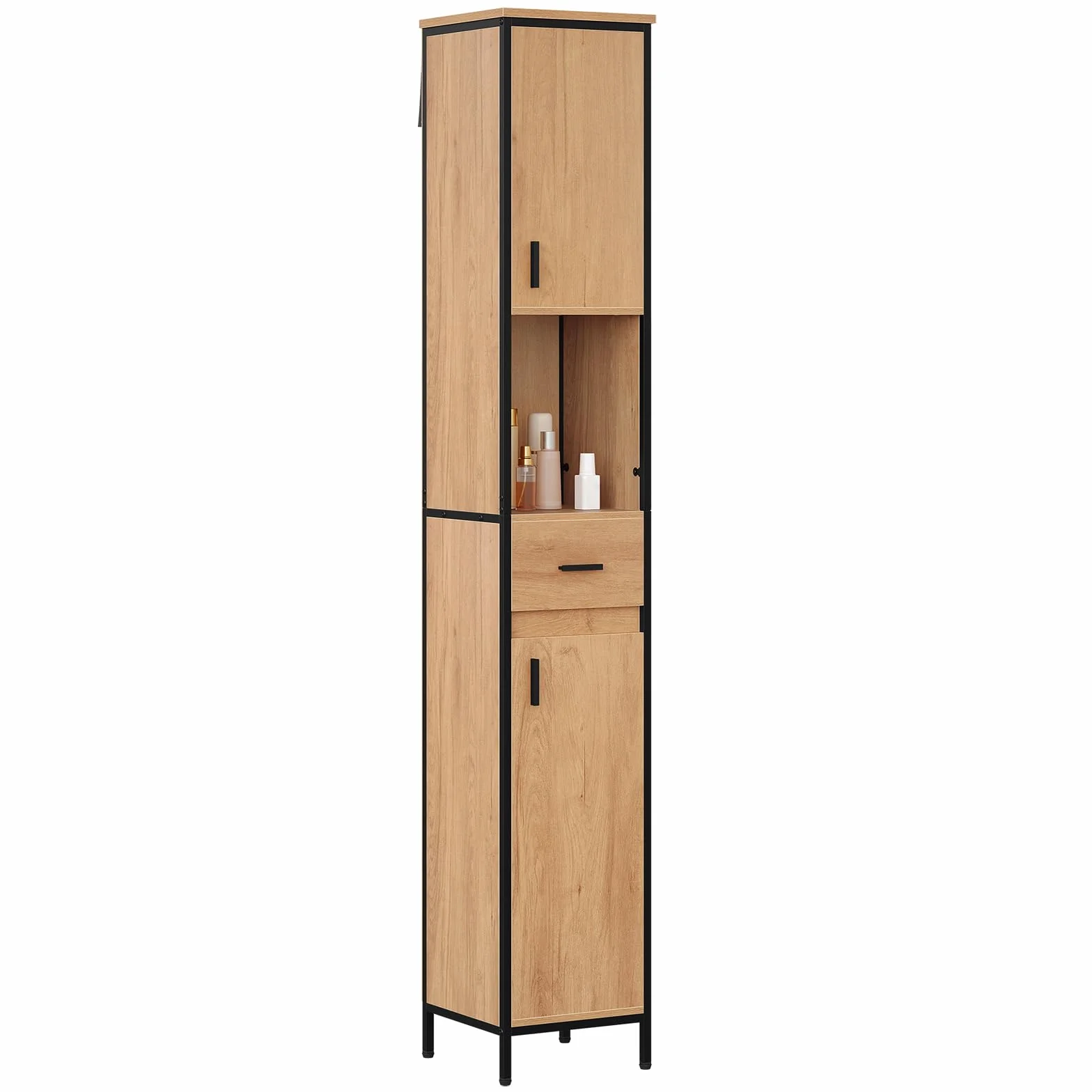 EUGAD Badezimmerschrank, Badschrank schmal, Hochschrank Badezimmer, Bad Schrank stehend, mit Schublade, offenem Fach, verstellbaren Ablagen, 30x180x30 cm, schwarz helle Eiche