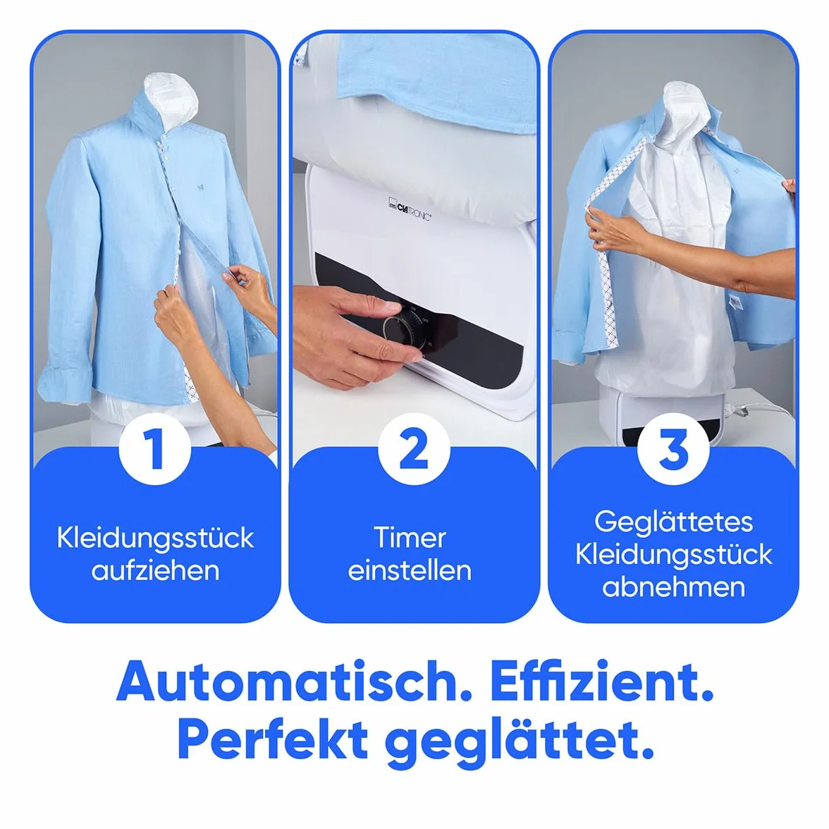 Clatronic automatischer Hemdenbügler | Bügelpuppe mit leistungsstarken 1200W | Bügelmaschine mit One Size-Ballonkörper | Schnell, effizient, einfach | Bügelautomat | HBB 3734