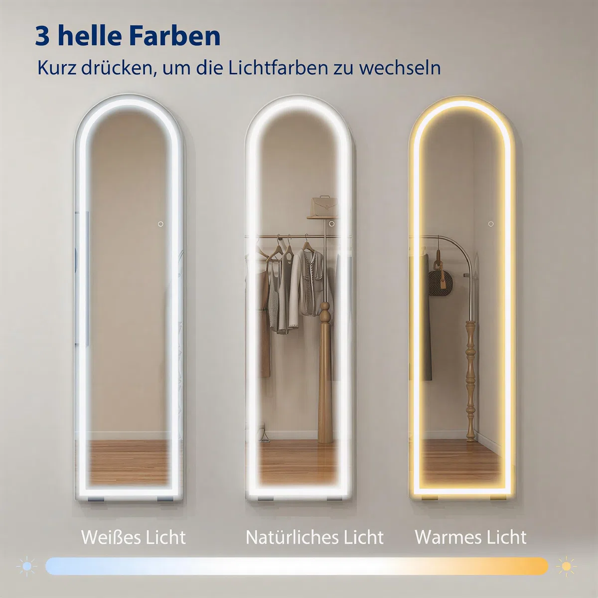 HOMCOM Ganzkörperspiegel mit Beleuchtung 150 x 40 cm Großer Bodenspiegel mit dimmbaren LEDs, 3 Lichtfarben, Memory-Funktion, gewölbt, zum Hängen oder Anlehnen an die Wand, für Schlafzimmer, Weiß
