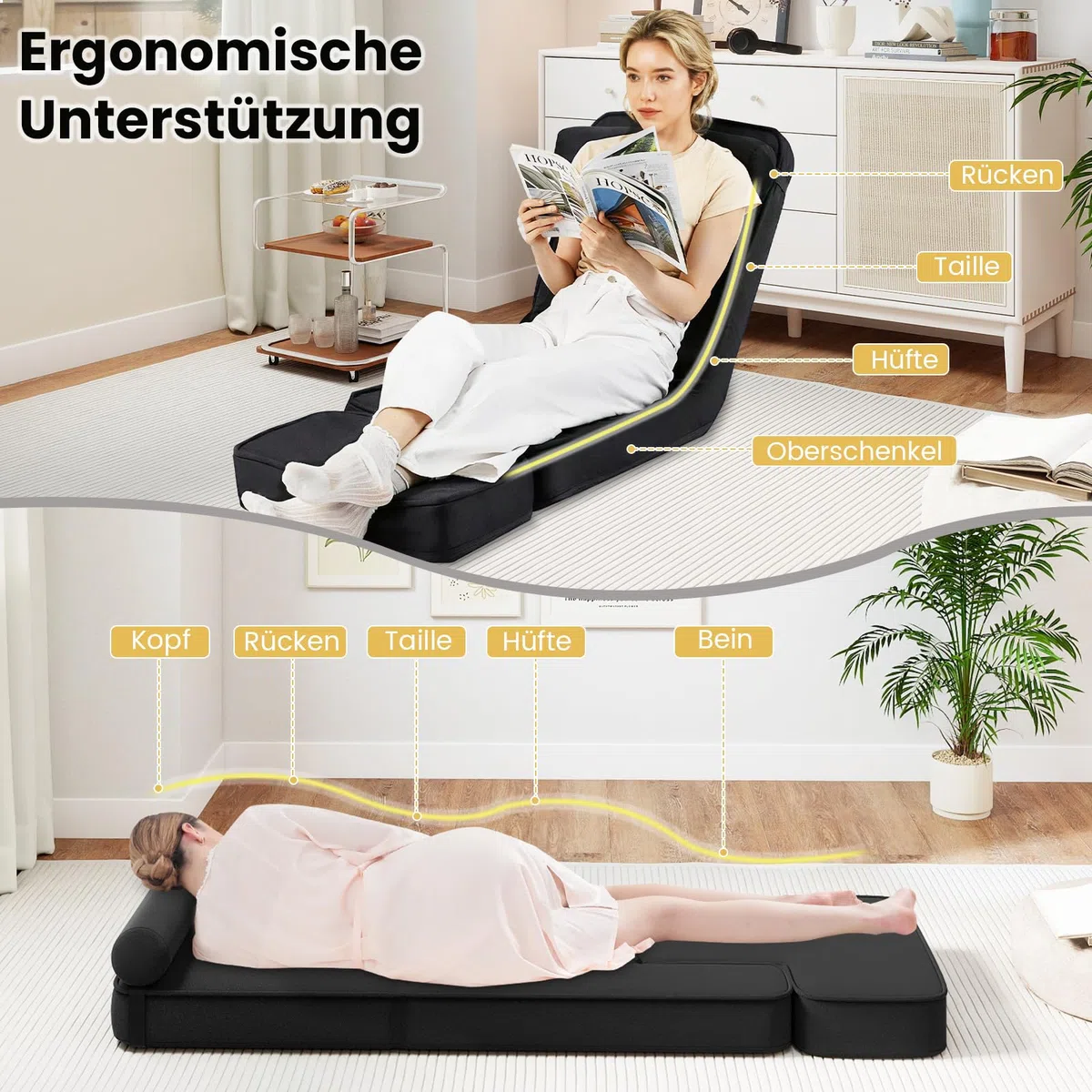 GOPLUS Bodensofa, gepolsterter Bodenstuhl mit Verstellbarer Rückenlehne & Kopfstütze, Bodensessel mit Tischplatte für Arbeiten, Spielen & Lesen, tragbarer Bodensitz für Wohnzimmer & Schlafzimmer