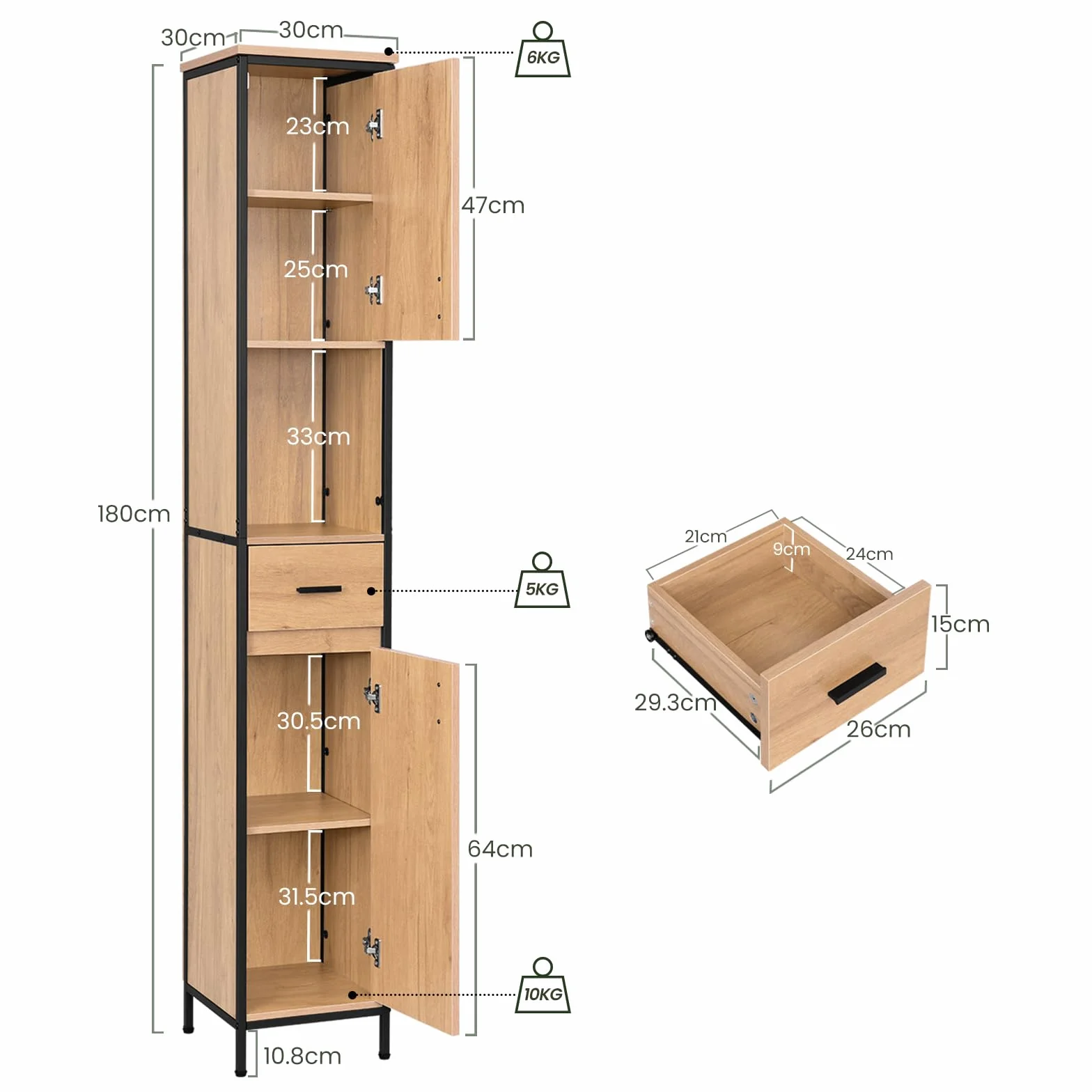 EUGAD Badezimmerschrank, Badschrank schmal, Hochschrank Badezimmer, Bad Schrank stehend, mit Schublade, offenem Fach, verstellbaren Ablagen, 30x180x30 cm, schwarz helle Eiche