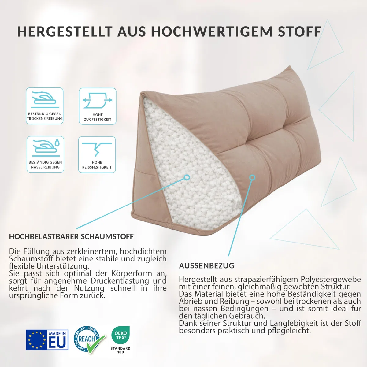 POKAR Rückenkissen 180x50x20 cm | Lesekissen für Bett und Sofa | Großes Keilkissen als Sofakissen für Rückenlehne | Wandkissen mit praktischen Seitentaschen | Oeko Tex 100 Zertifiziert | Grau