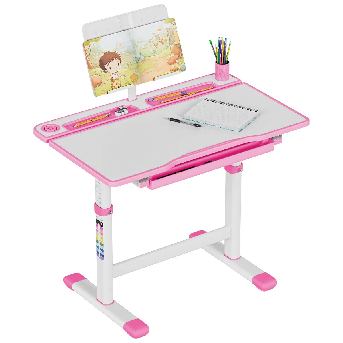 MARK ADLER Study 3.0 Kinderschreibtisch - Höhenverstellbar 54-76 cm - Schreibtisch Kinder ab 6 Jahren - Neigbare Tischplatte - mit Schublade und Buchständer - Ergonomisch zum Lernen - Rosa