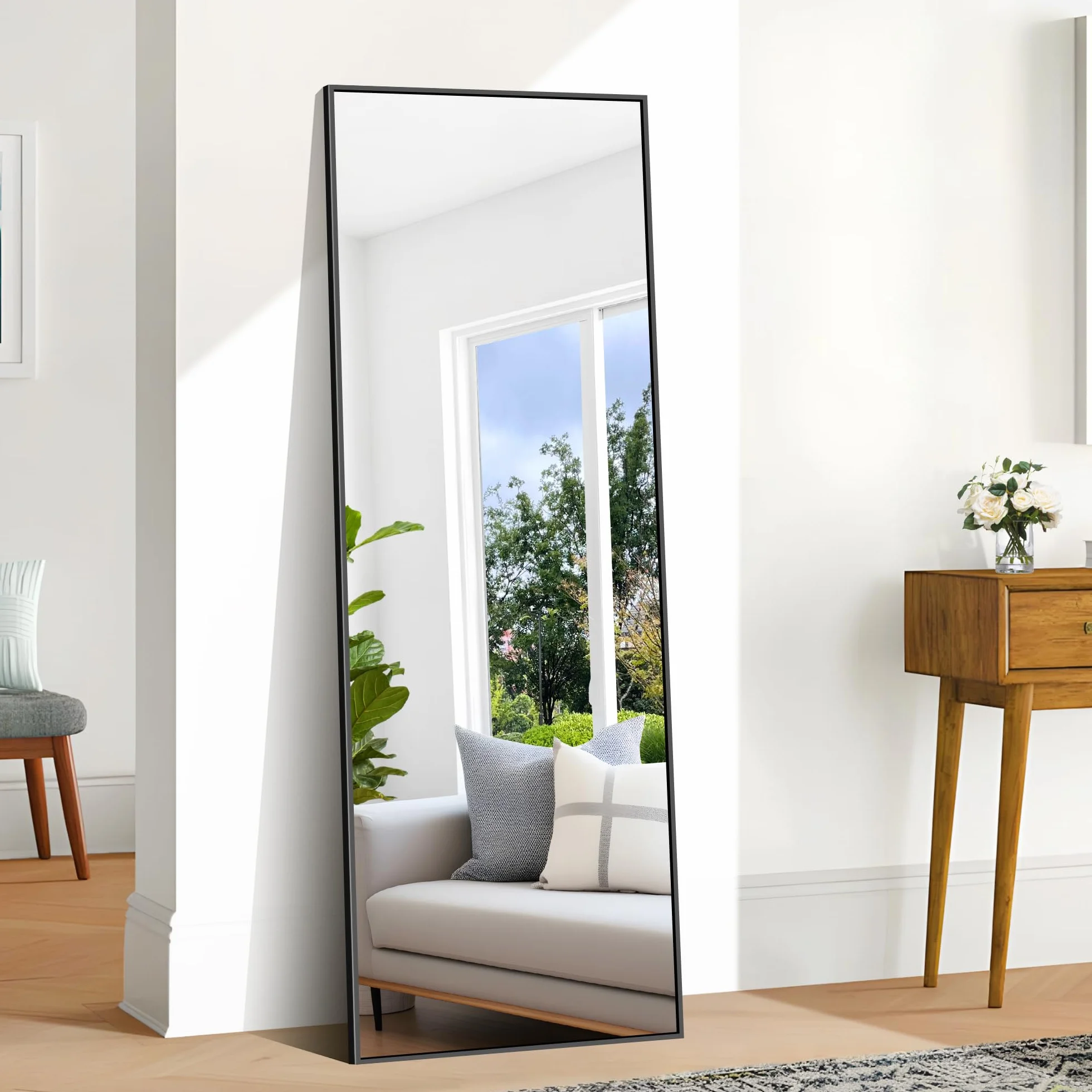 BONEWEI Ganzkörperspiegel 161 x 52 cm, Rechteckiger Standspiegel mit Schwarzem Aluminiumrahmen, Groß Wandspiegel Bodenspiegel für Schlafzimmer, Eingangsbereich, Flur, Heimdekorationn