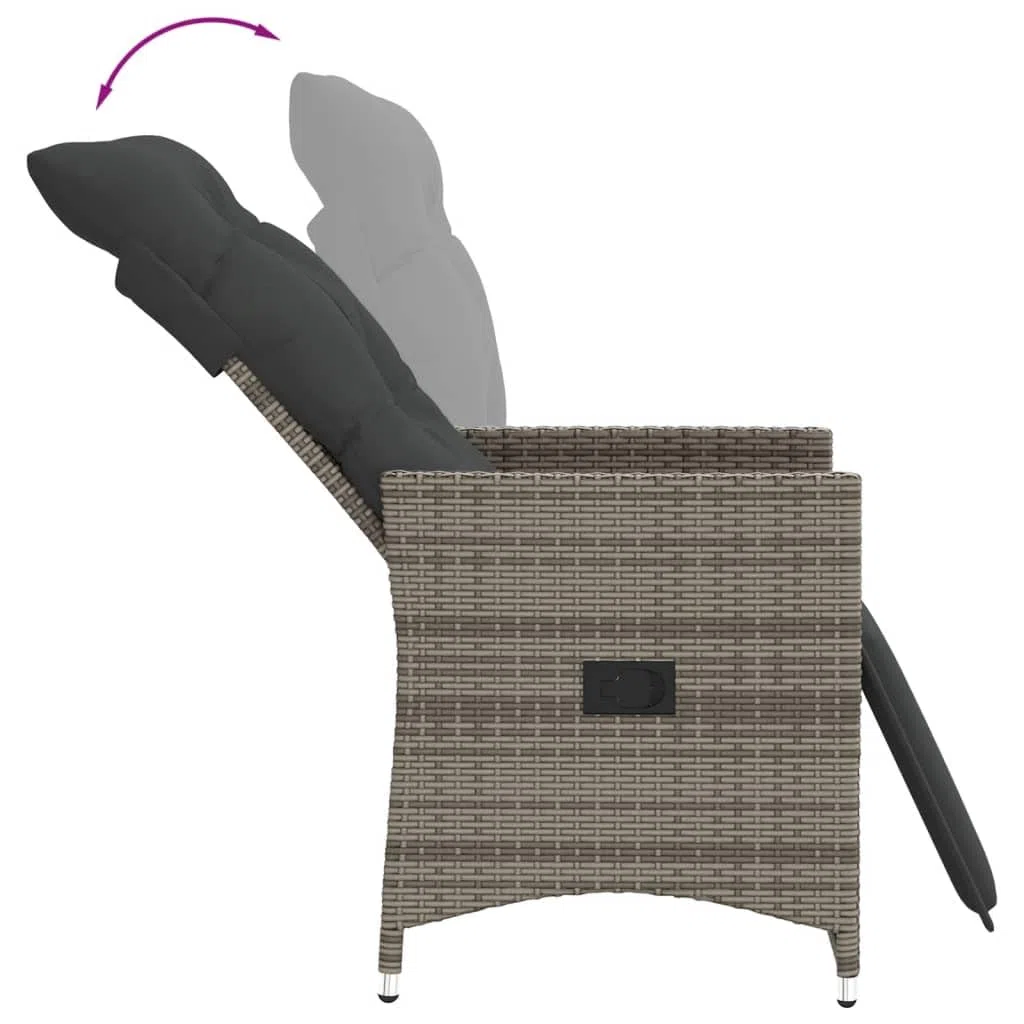 vidaXL Gartensessel Verstellbar mit Kissen, Gartenstuhl mit Stahlrahmen, Loungesessel für Außenbereich, Relaxsessel, Grau Poly Rattan