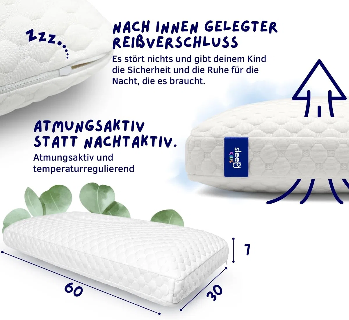 sleepi® Kids Comfort | Comfort Nackenstützkissen für Kinder ab 3 Jahre | 60 x 30 x 7cm | ergonomisches Kinderkissen | Orthopädisches Kissen | Kindernackenstützkissen