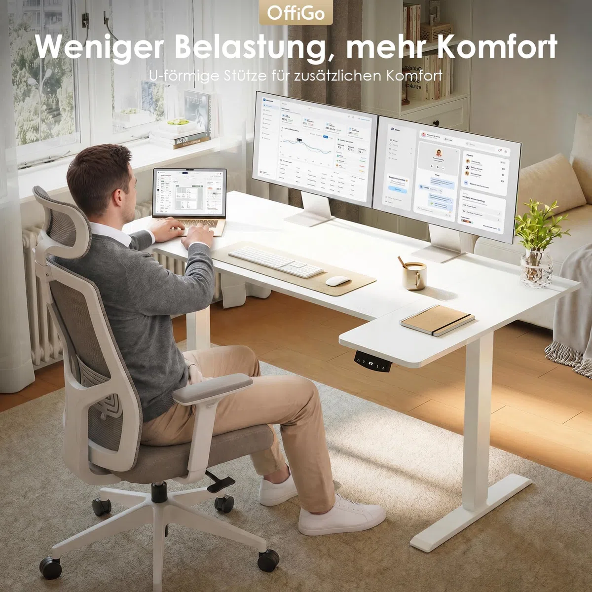 OffiGo U-förmiges Höhenverstellbarer Schreibtisch, 140 x70 cm, Elektrischer Steh-Sitz Tisch, Standing Desk, Home Office Computertisch, Memory Funktion, Leiser Motor, Weiß