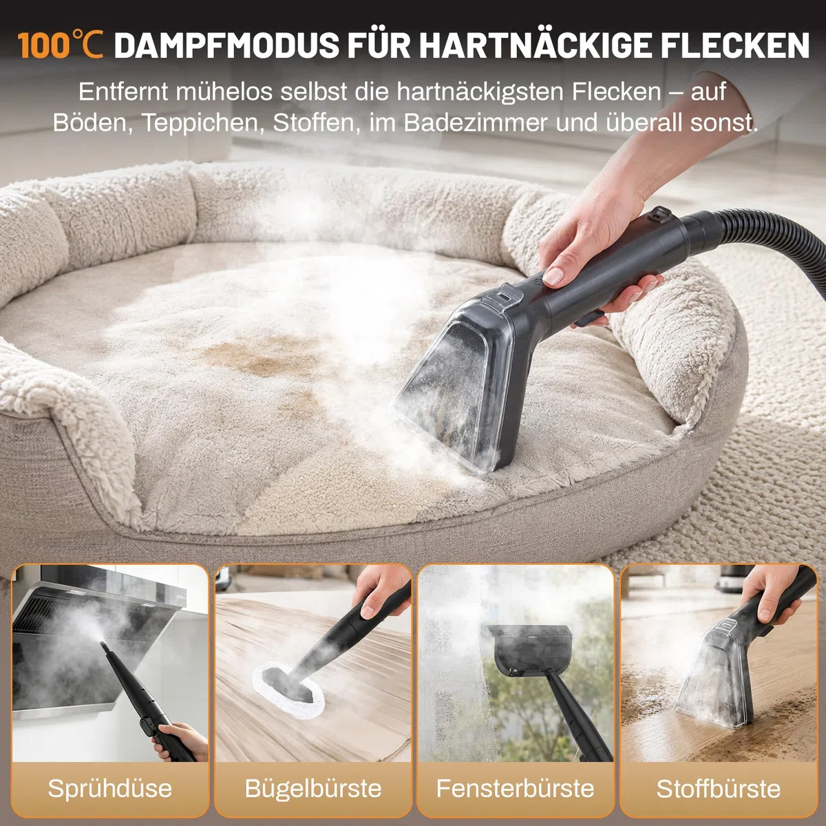 HJH Polsterreiniger Gerät Teppichreiniger 1800W, 100°C Steam Cleaner Schnellheizung, 18Kpa Nasssauger mit Starker Saugkraft, Tragbarer Dampfreiniger für Sofa, Teppich, Polster, Vorhänge, Autositz