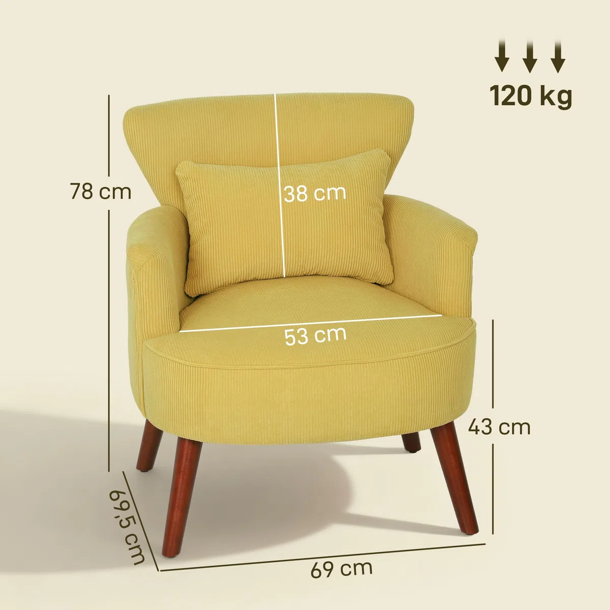 HOMCOM Sessel Loungesessel mit Armlehnen, Polstersessel mit Kissen Armlehnensessel mit Kordoptik, Holzbeine Lesesessel für Wohnzimmer, Schlafzimmer, Gelb