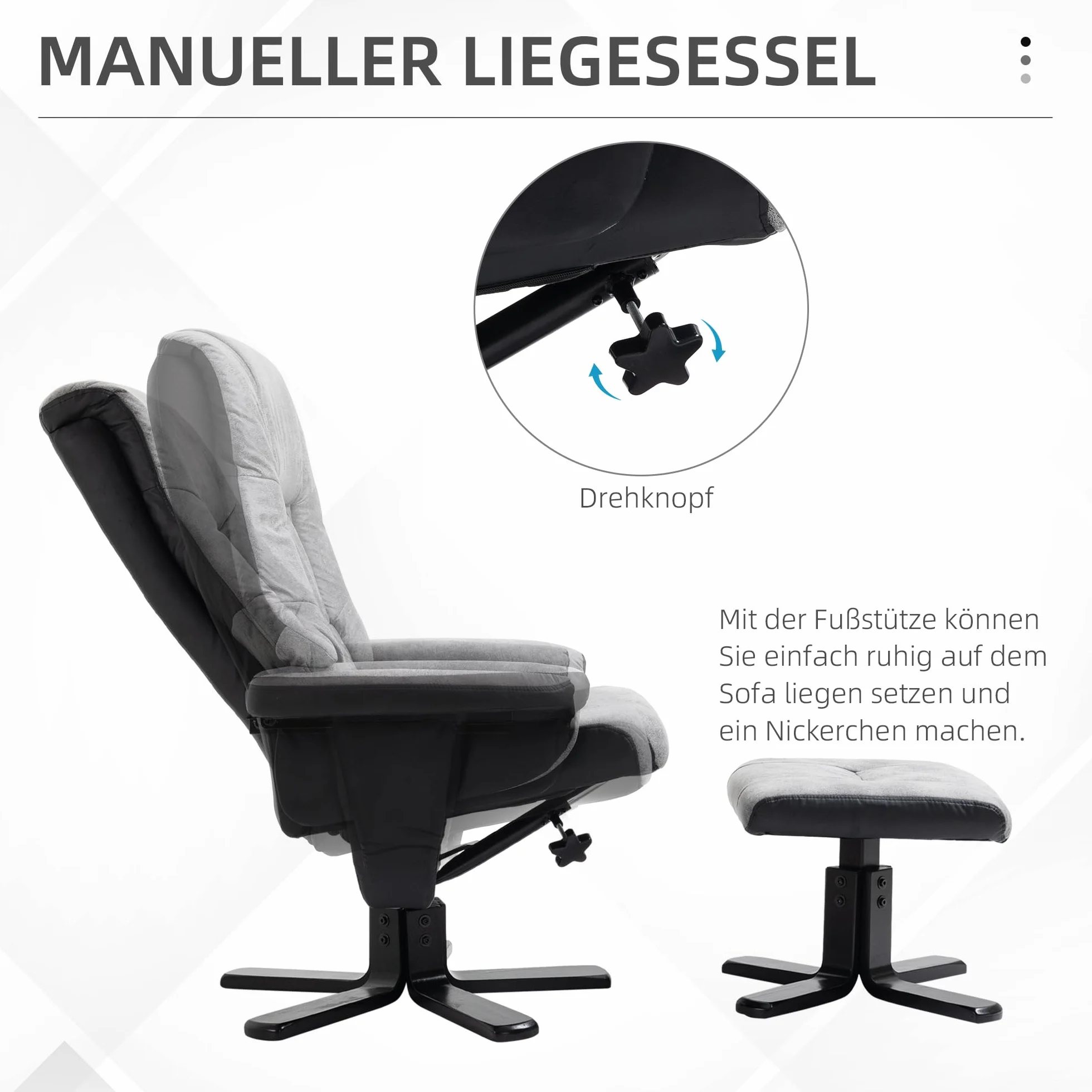 HOMCOM Relaxsessel mit Hocker, Drehbarer Fernsehsessel, TV Sessel mit Liegefunktion, Polstersessel, Mikrofaser Grau, 78 x 82,5 x 109 cm