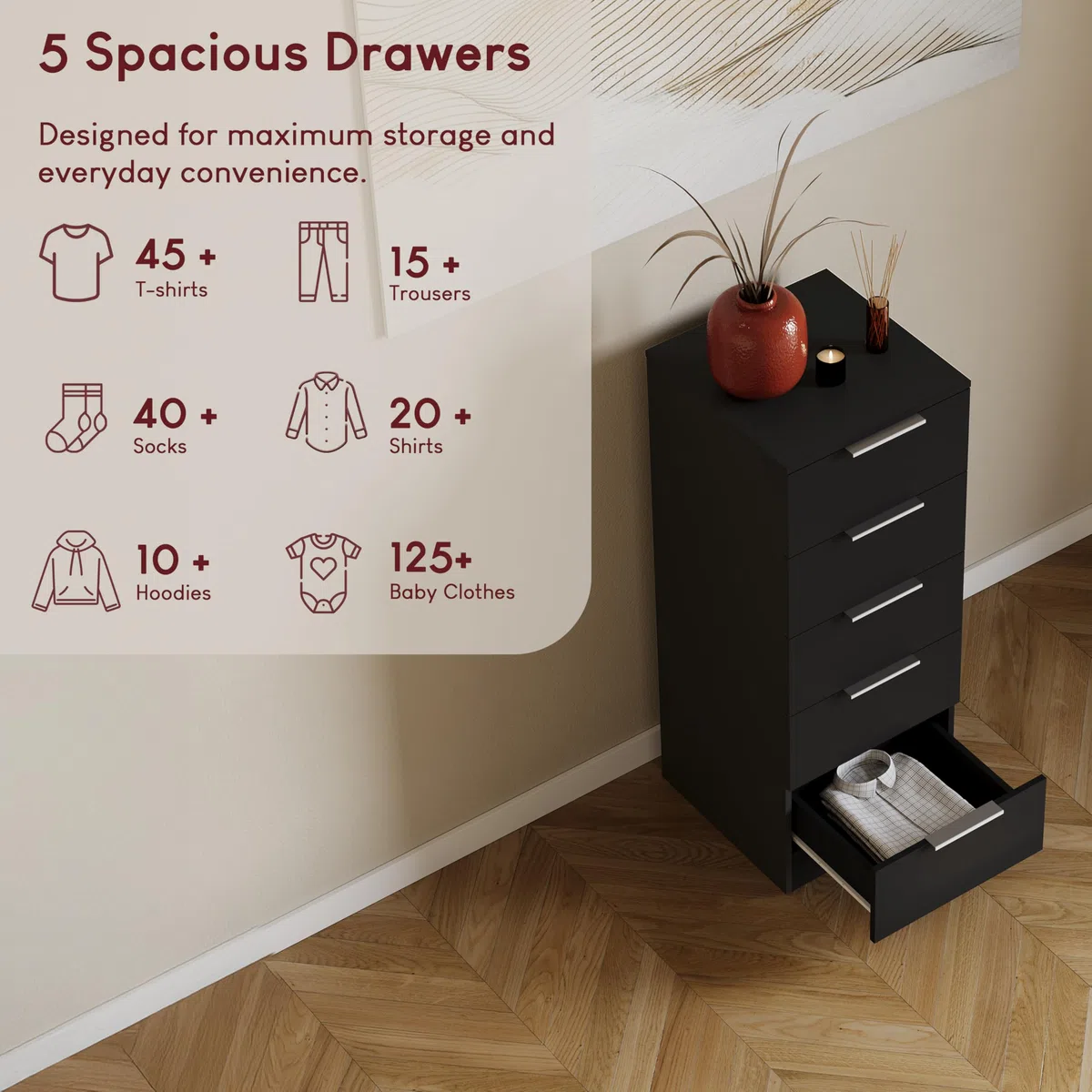 Vida Designs Trega Kommode mit 5 Schubladen | Schwarz | 90 H x 34,5 B x 36 T cm | Schmal | Platzsparende Stauraumeinheit | Schubladenstütze gegen Durchbiegen | Leichtgängige Schubladenführungen