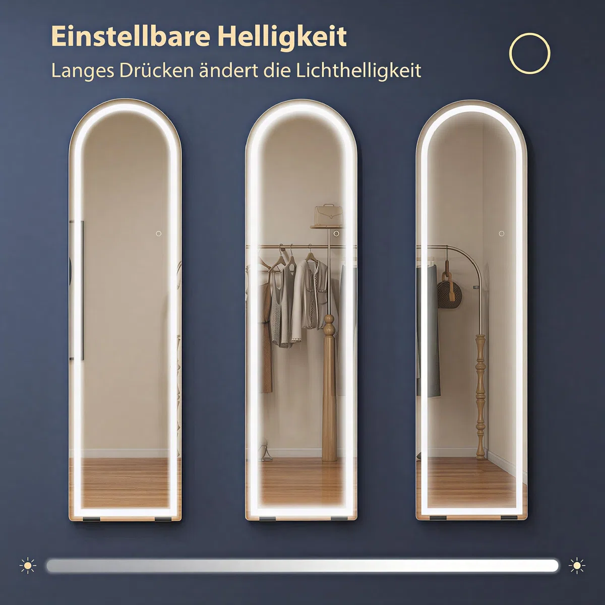 HOMCOM Ganzkörperspiegel mit Beleuchtung 150 x 40 cm Großer Bodenspiegel mit dimmbaren LEDs, 3 Lichtfarben, Memory-Funktion, gewölbt, zum Hängen oder Anlehnen an die Wand, für Schlafzimmer, Weiß