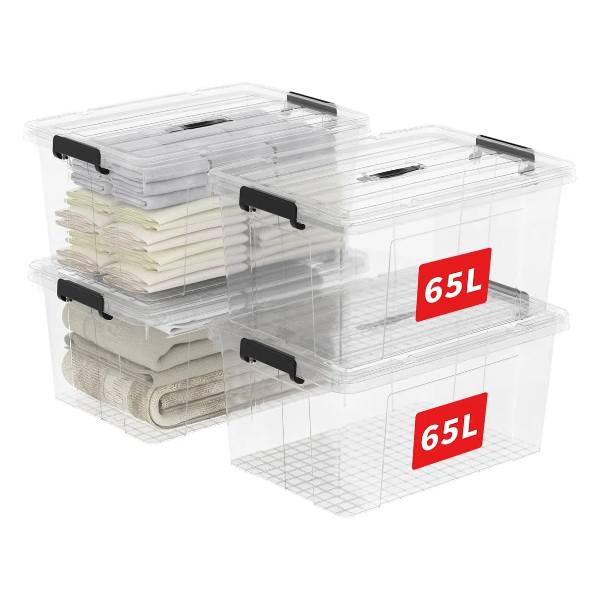 Cetomo 65L*4 Aufbewahrungsboxen, Tragbare Plastikboxen mit Deckeln, Organizer-Behälter mit Griff und Clips, Stapelbar, Ineinander Nestbar, für Zuhause und Büro, Transparent, 65L-4er Pack