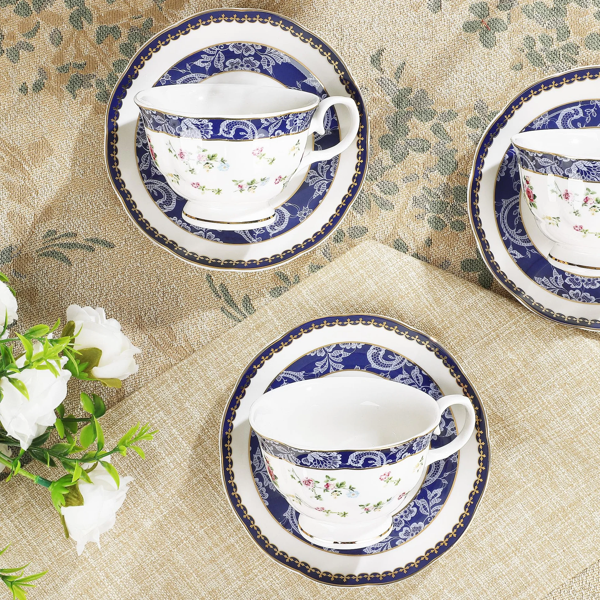 fanquare 21 Stück Blaue Rose Britisches Nachmittagstee-Set, Modernes Porzellan Teekannen-Set, Vintage Kaffeetasse und Untertasse Set, Erwachsene Teeservice für 6 Personen