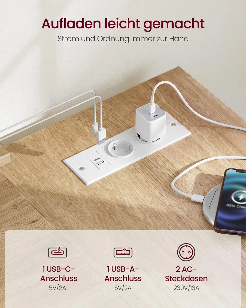 VASAGLE L-förmiger Eckschreibtisch mit Steckdosen, Computertisch, Gaming-Tisch, beidseitig montierbar, verstellbare Ablagen, 4 Schubladen, 2 USB-Anschlüsse, 140 x 80 cm, natureichenfarben LWD172YD01