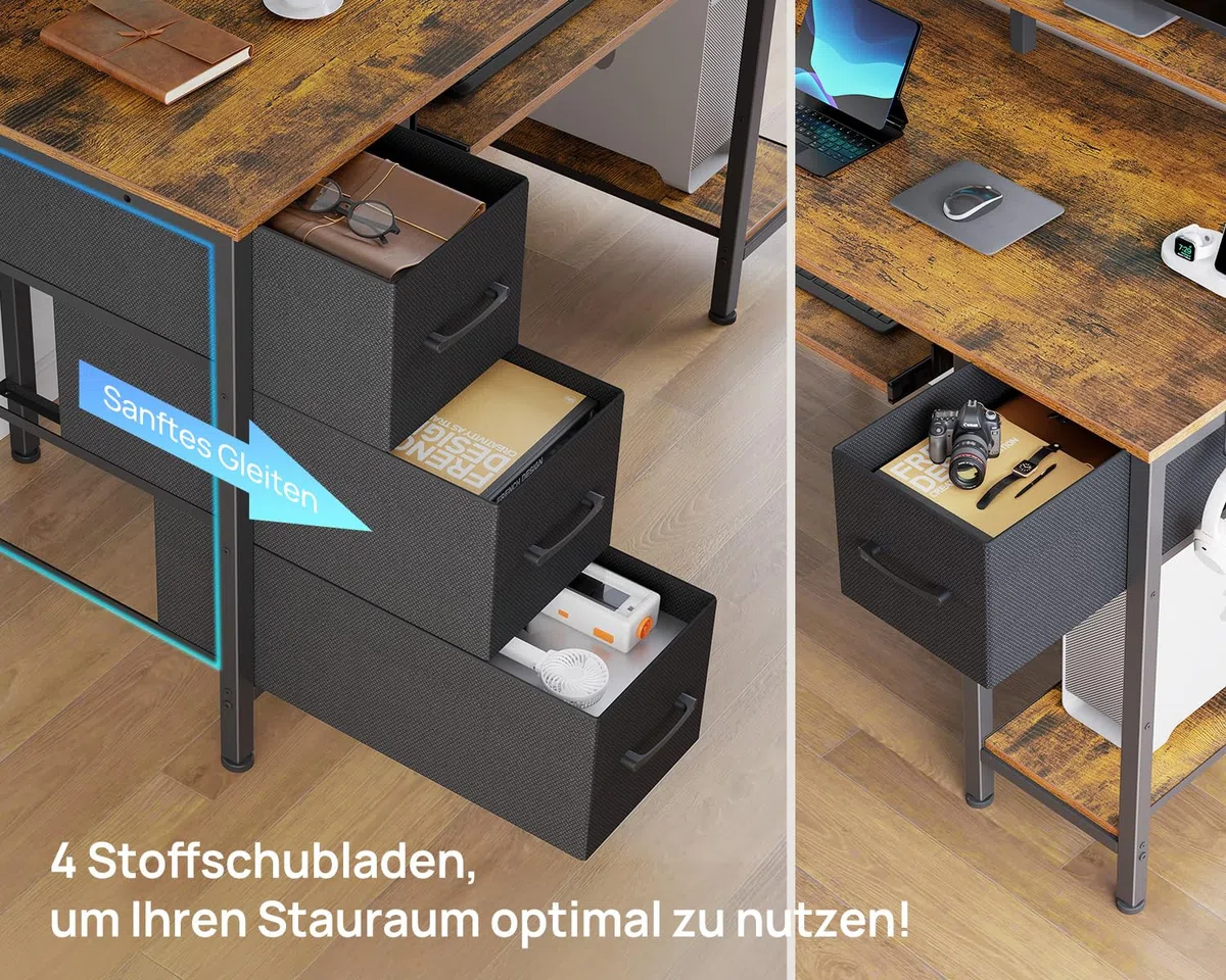 Seventable Computertisch 120 cm mit LED-Leuchten und Steckdosen, Home-Office-Schreibtisch mit 4 Schubladen, Schreibtisch mit Tastaturablage, Arbeitsschreibtisch mit Monitorständer (Vintagebraun)