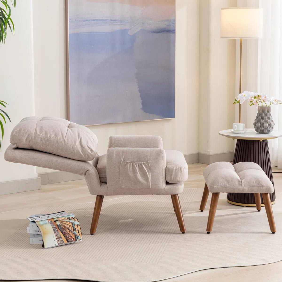 Merax Relaxsessel mit 10-stufig Liegefunktion, Bequemer Sessel mit Hocker, Fernsehsessel mit Seitentaschen, Beige