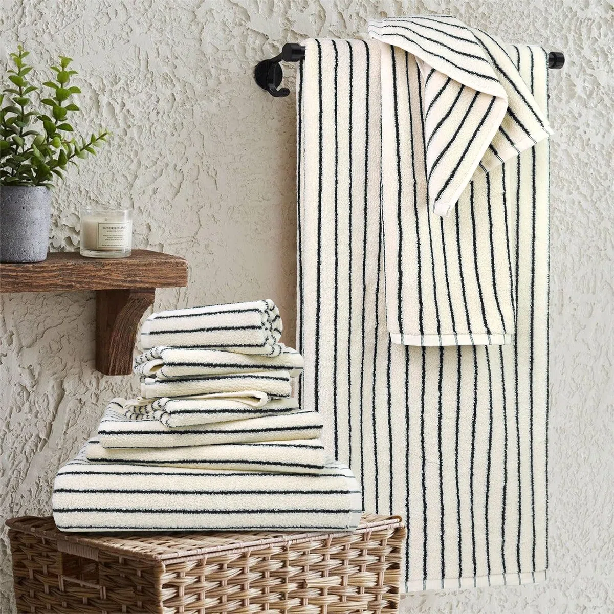 Handtuch-Set, 8-teilig, superweiche und saugfähige Baumwolle, gestreift, für Badezimmerdekoration, 2 Badewannen, 2 Hände, 4 Waschlappen, Schwarz und Weiß