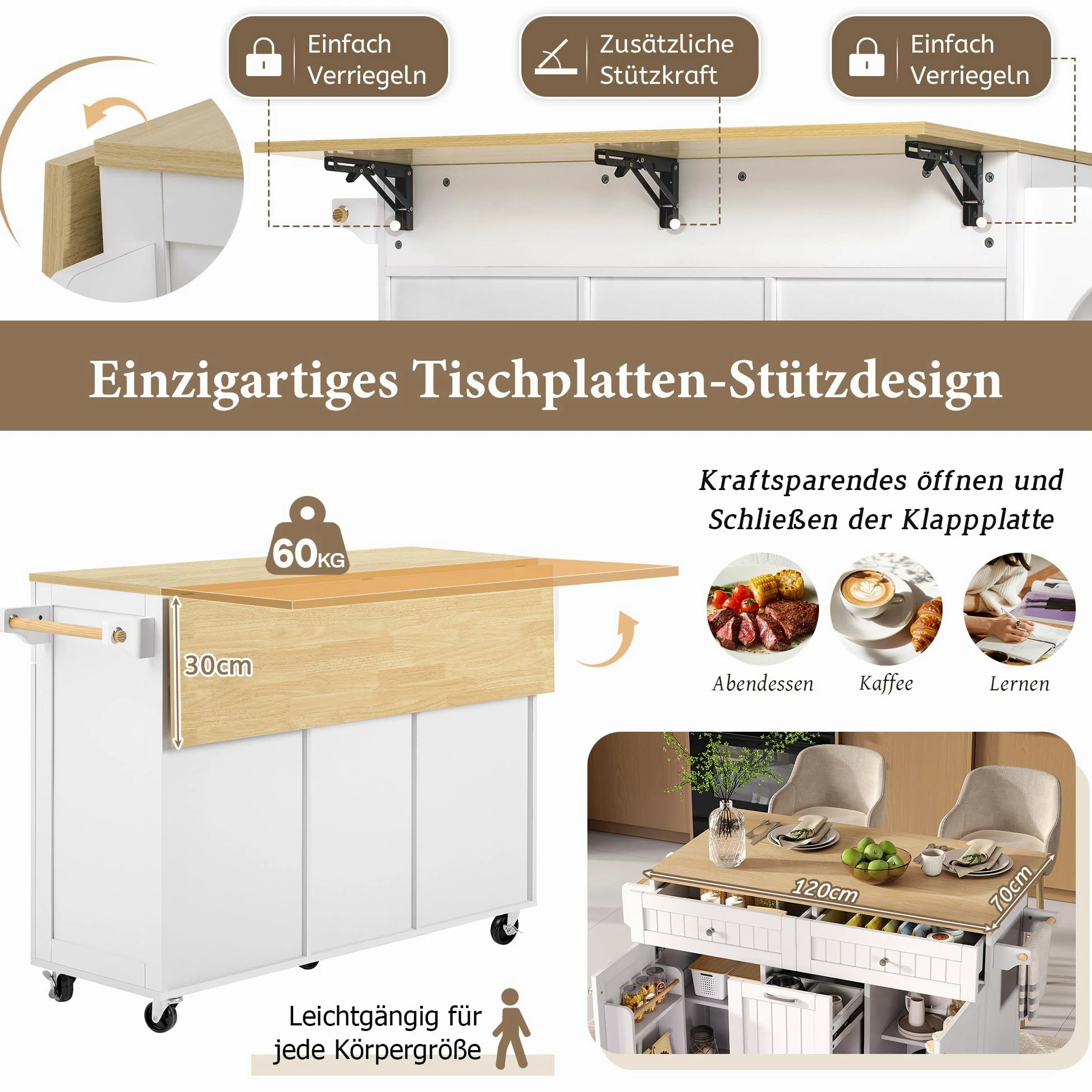 Küchenschrank mit Klappbarer Arbeitsplatte, Verstellbare Trennwand, Küchenwagen mit 5 Rollen, Freistehende Kücheninsel mit 3 Schubladen, 139.5 x 40(70) x 92 cm, Weiß