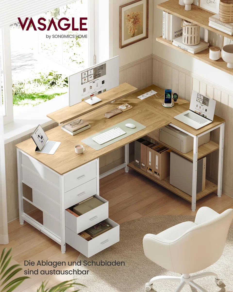 VASAGLE L-förmiger Eckschreibtisch mit Steckdosen, Computertisch, Gaming-Tisch, beidseitig montierbar, verstellbare Ablagen, 4 Schubladen, 2 USB-Anschlüsse, 140 x 80 cm, natureichenfarben LWD172YD01