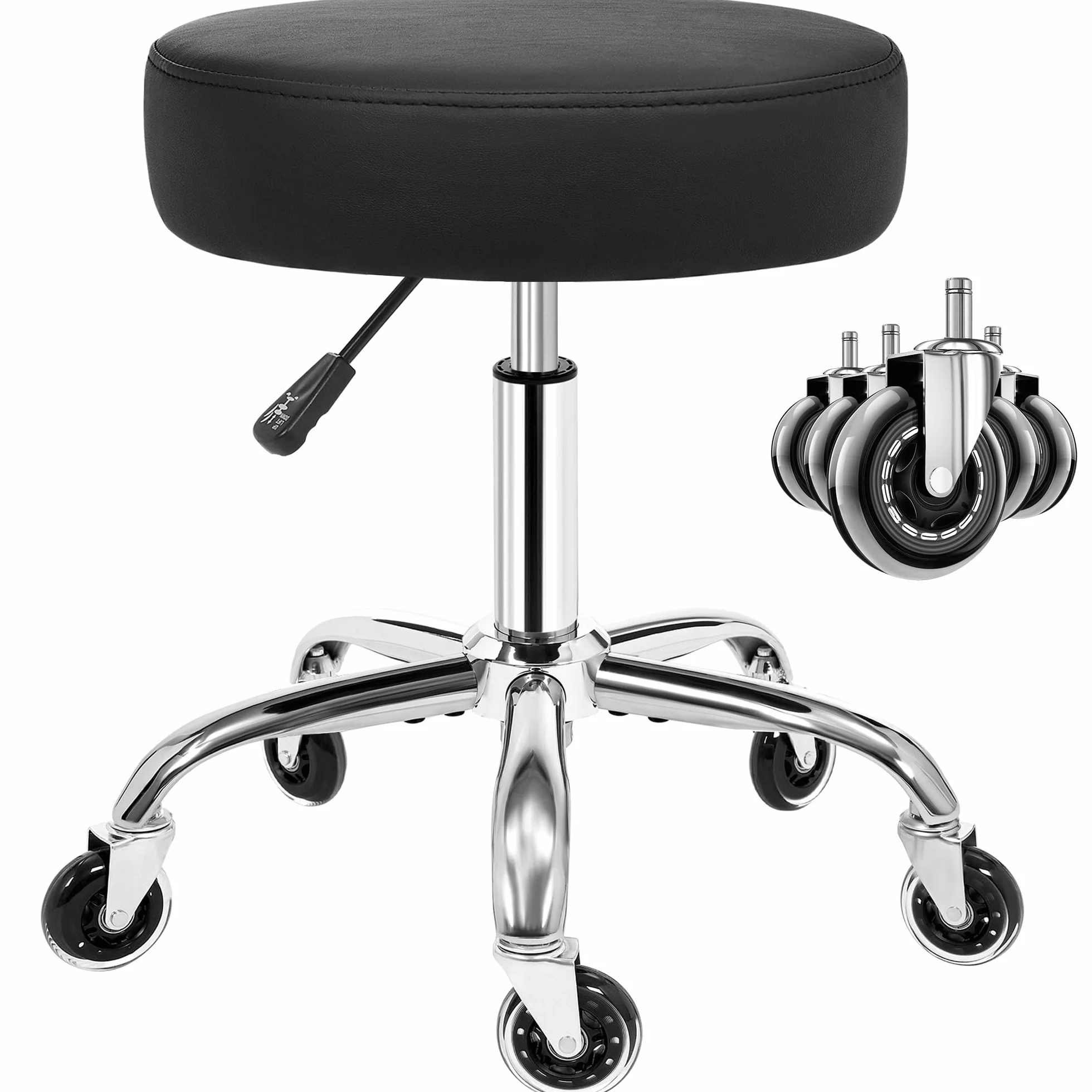 ANWBROAD Rollhocker höhenverstellbar mit Rollen 360° Drehhocker Hocker, Arbeitshocker bis 205 kg belastbar PU-Sitzpolsterung für Salon Spa, Haushalt und Kliniken Schwarz WSC001B