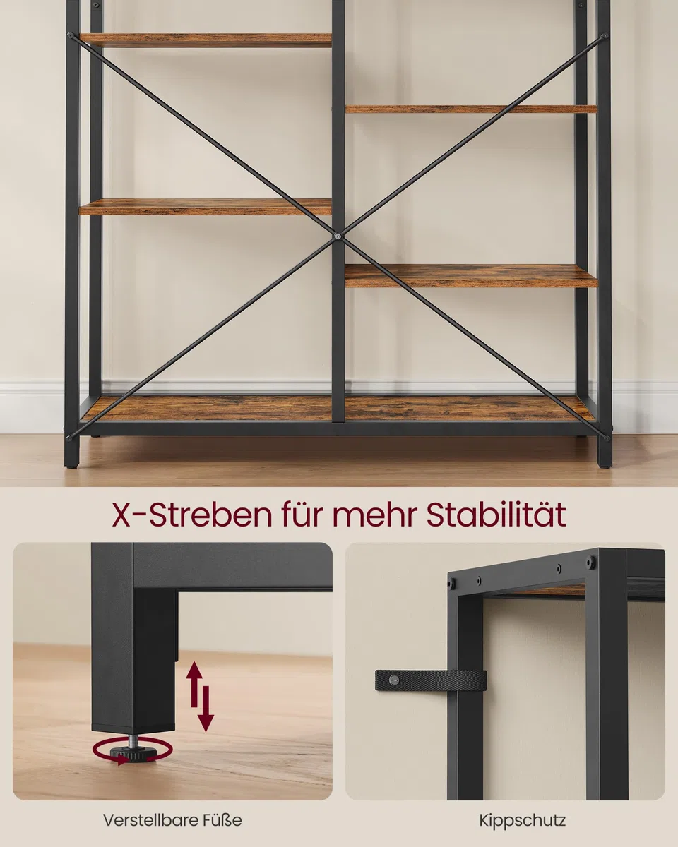 VASAGLE Bücherregal mit 5 Ebenen, Standregal, Regal, für Wohnzimmer, Bad, Küche, Flur, einfache Montage, vintagebraun-schwarz LLS155B01