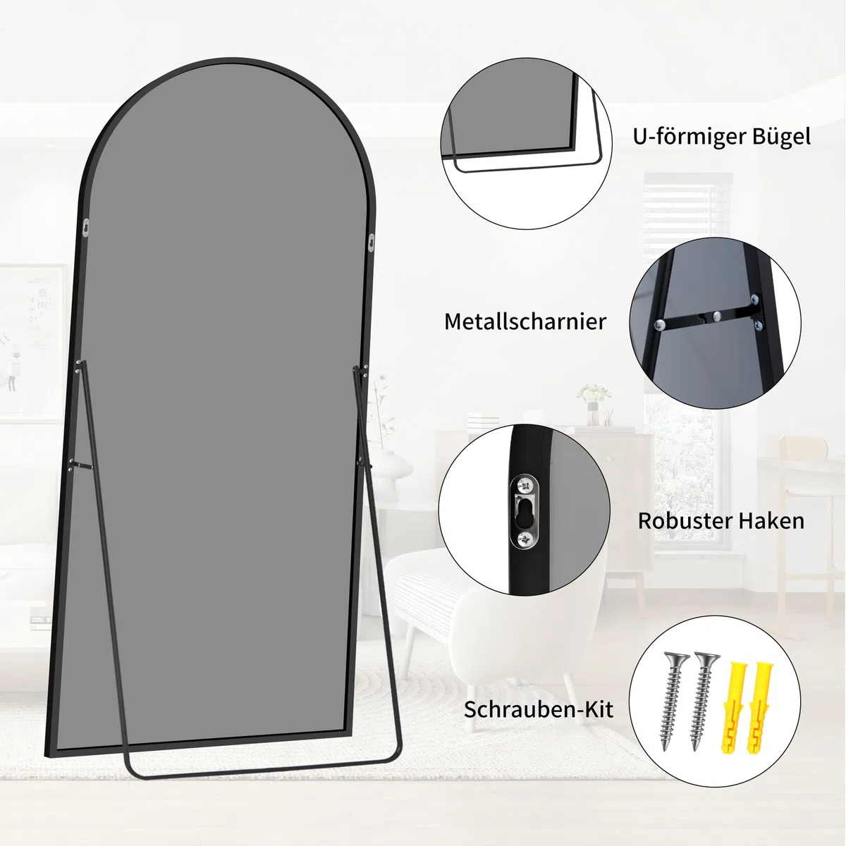 BONEWEI Ganzkörperspiegel 179x65cm, Bogen Standspiegel Ganzkörperspiegel mit Schwarzer Aluminiumrahmen, Groß Gewölbter Wandspiegel zum Stehen, Anlehnen oder Hängen für Wohnzimmer Schlafzimmer Flur