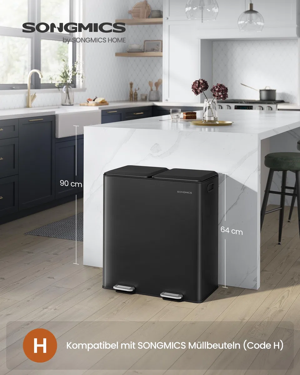 SONGMICS Mülleimer Küche, 2 x 30 L, 2 Fächer, Mülltrennsystem, Softclose, herausnehmbare Inneneimer, Pedalen, Stahl, tintenschwarz LTB743B02