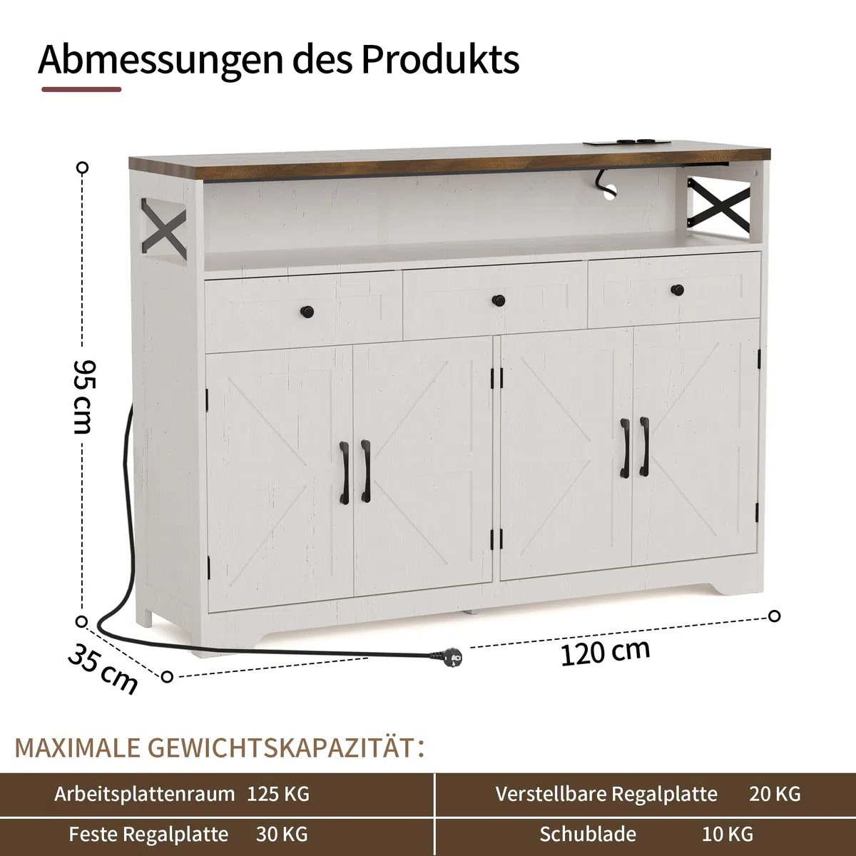 BonVache Sideboard, Küchenschrank mit Schubladen, Aufbewahrungsschrank, Anrichte mit Offenem Regal, Kaffeebar Schrank für Küche, Esszimmer, Wohnzimmer, 130 x 35 x 95cm, Cremeweiß in Holzoptik