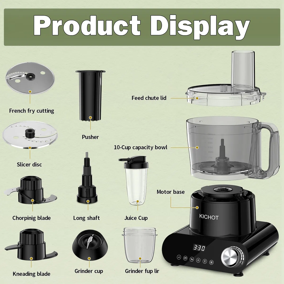 Küchenmaschine & Zerkleinerer, 2.5L Food Processor mit Zubehör Mahlschüssel, 1500W mit Großem Zuführschacht,Eiskrümelung, Mahlen, Zitruspresse, Raspeln, Schneiden & Teigzubereitung, Schwarz