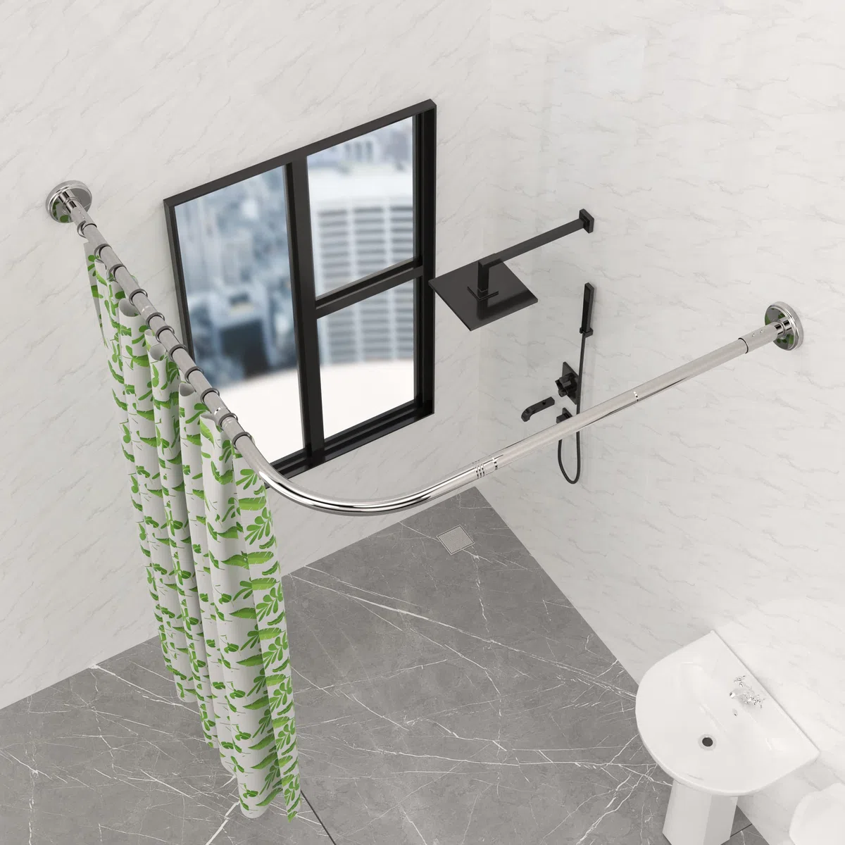 Duschvorhangstange L Form Bohren,Edelstahl Verstellbare Duschstange für Duschvorhang,Duschstange Ecke 75-170cm mit 24 Duschvorhangringe,Eckduschstange für Badezimmer Badewanne Umkleidekabine