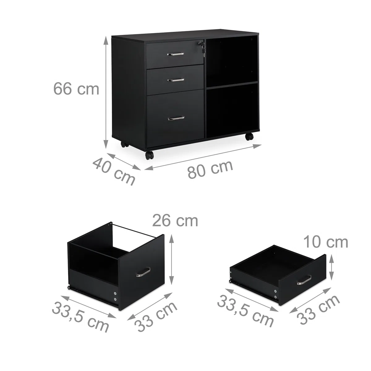 Relaxdays Rollcontainer, 3 Schubladen, 2 Fächer, Hängeregister, HxBxT: 66x80x40 cm, abschließbarer Aktenschrank, schwarz