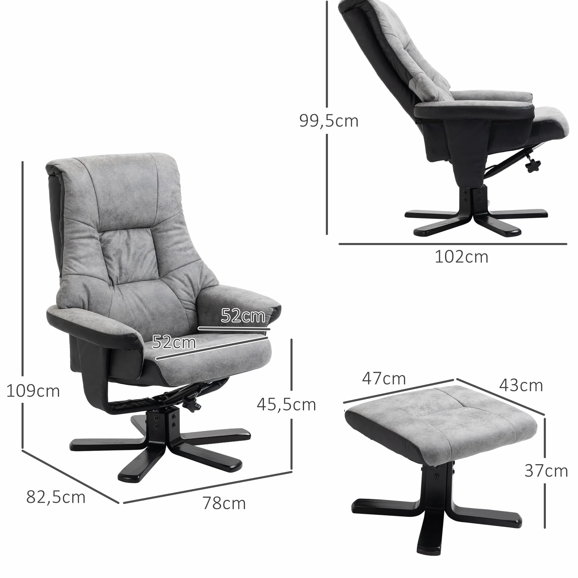 HOMCOM Relaxsessel mit Hocker, Drehbarer Fernsehsessel, TV Sessel mit Liegefunktion, Polstersessel, Mikrofaser Grau, 78 x 82,5 x 109 cm