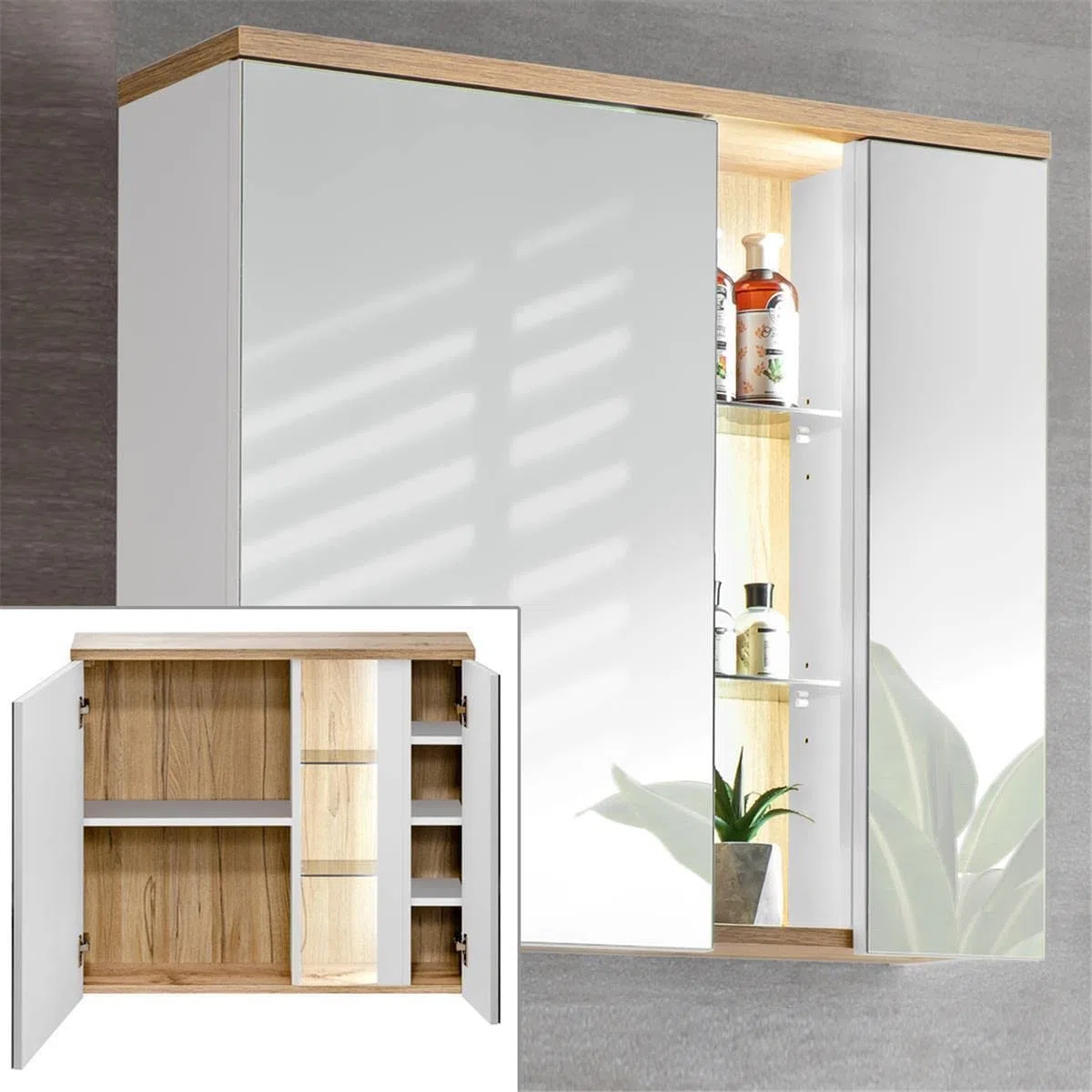 Lomadox Badmöbel Komplett Set, 80cm Unterschrank mit Keramik Waschbecken, Hochglanz weiß mit Wotaneiche, 2 Hochschränke und LED-Spiegelschrank