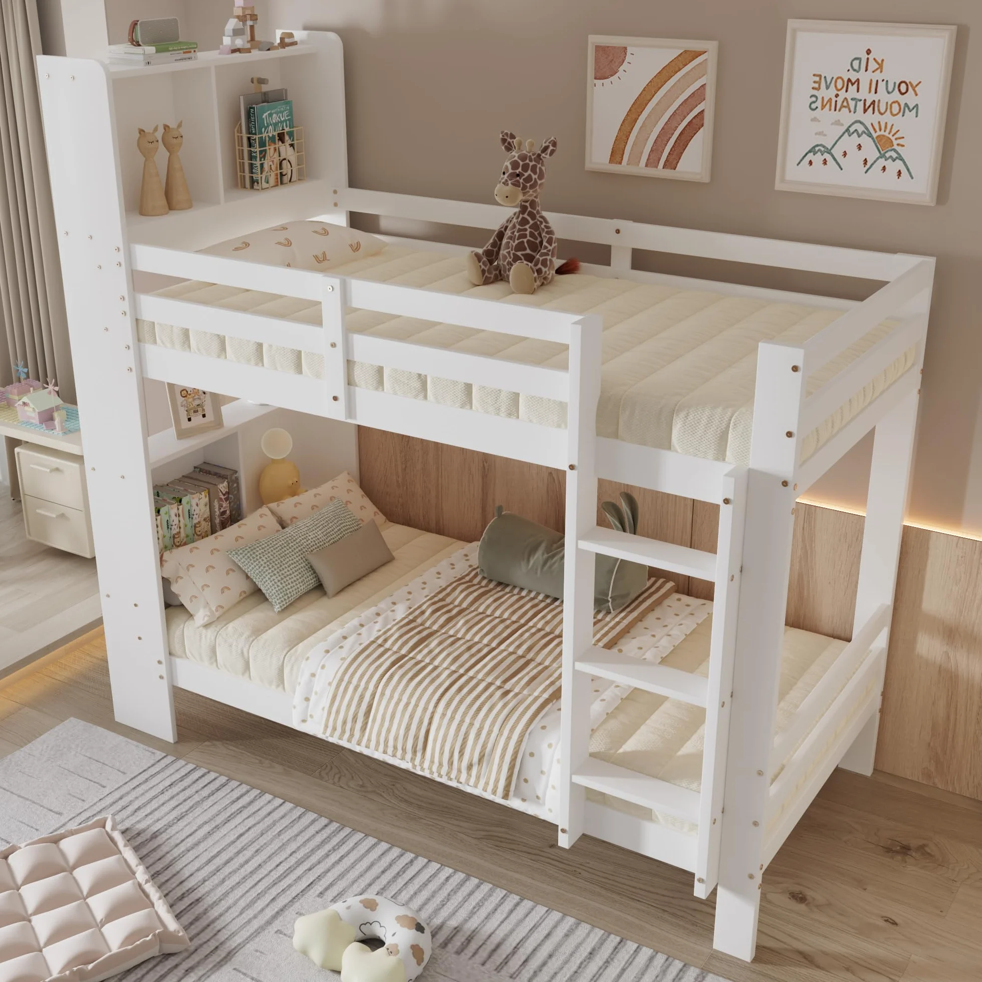 Etagenbett Kinderbett 90x200 cm, Hochbett mit Stauraum Regalen und Leiter, Modern Doppelbett für 2 Kinder mit Rausfallschutz, Weiß