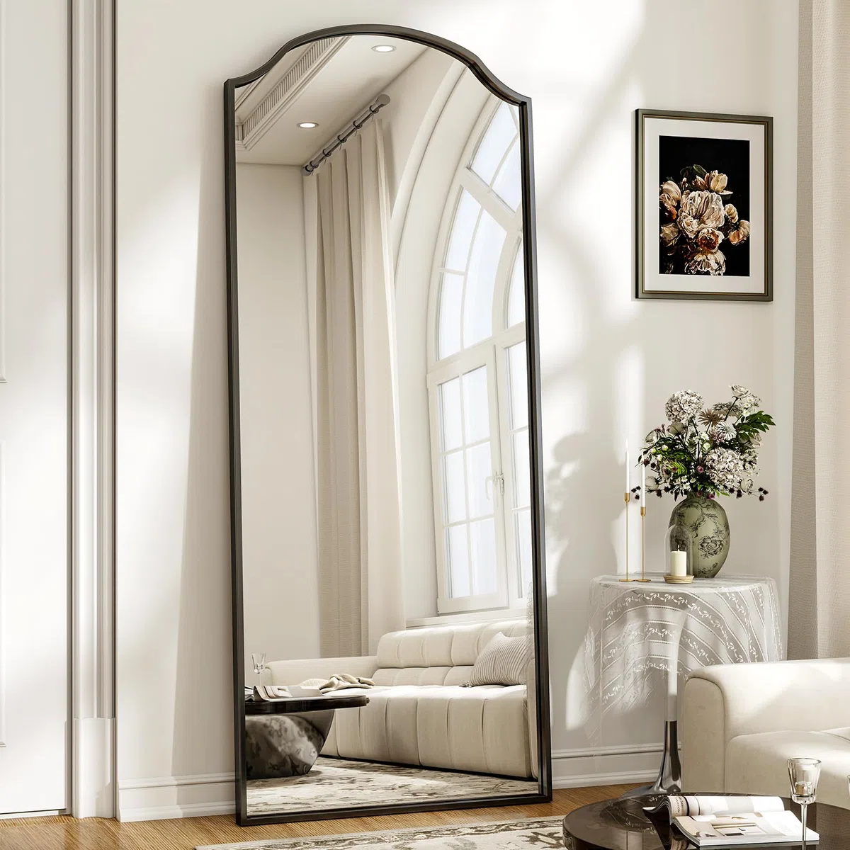 Koonmi 165 x 60 cm Ganzkörperspiegel - Einzigartiger gewölbter Oberkörper, für Garderobe, Schlafzimmer, hängend, stehend oder Sich anlehnen, schwarz