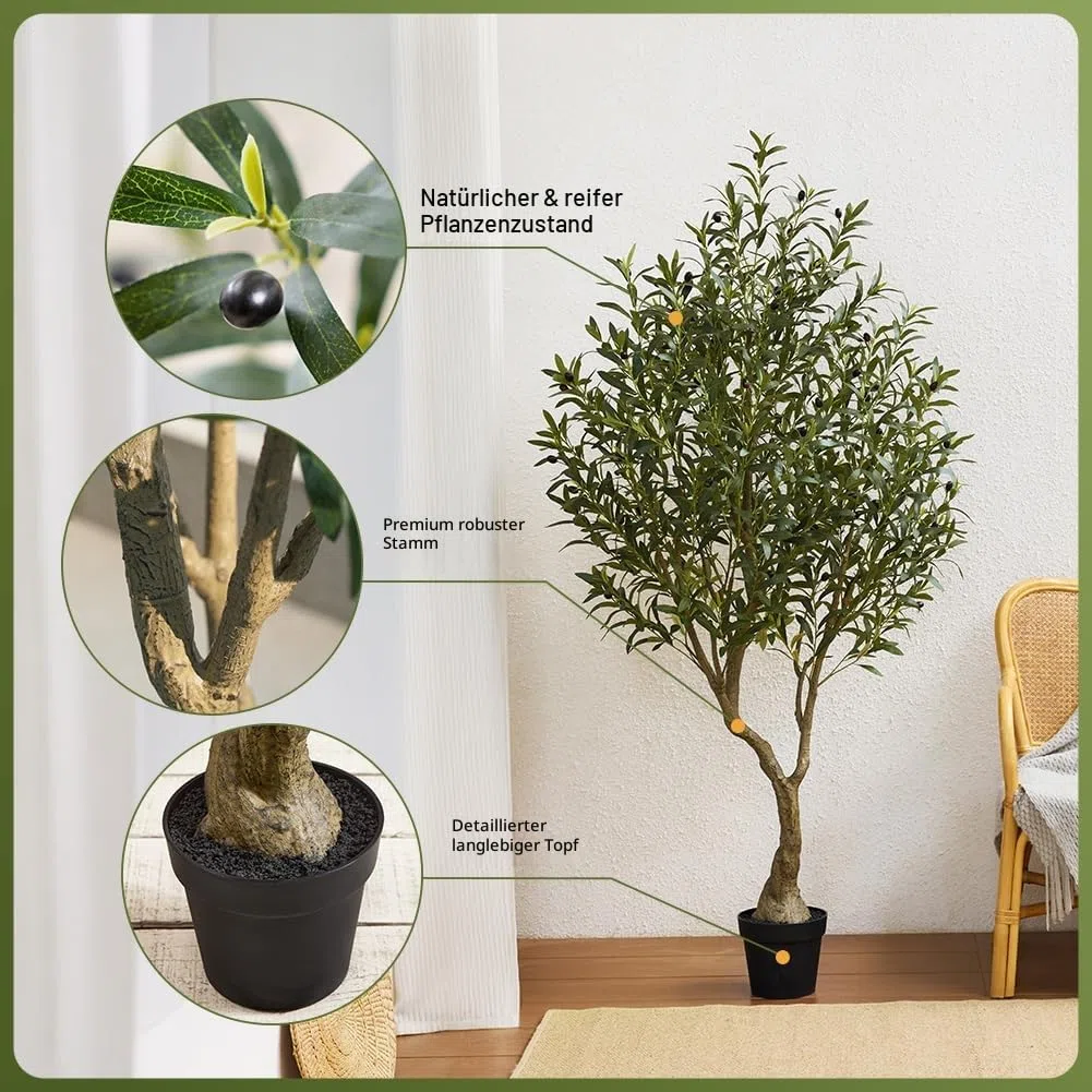 VeriNatural Olivenbaum Künstlich Kunstpflanze 180cm Fake Plant Kunststoffpflanzen Künstlicher Pflanzen – 1638 Blätter & 84 Oliven UV-beständig Stabiler Topf – Deko für Wohnzimmer Balkon Büro